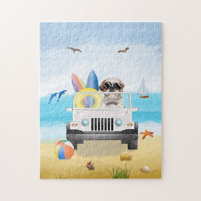 shih tzu Dog Driving on Beach  Jigsaw Puzzle (Vertical)