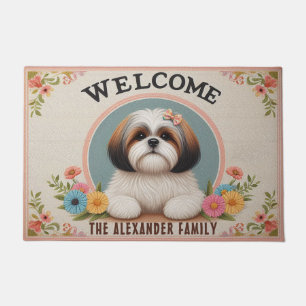 Shih Tzu Dog Floral Decorative Family Name Welcome Doormat