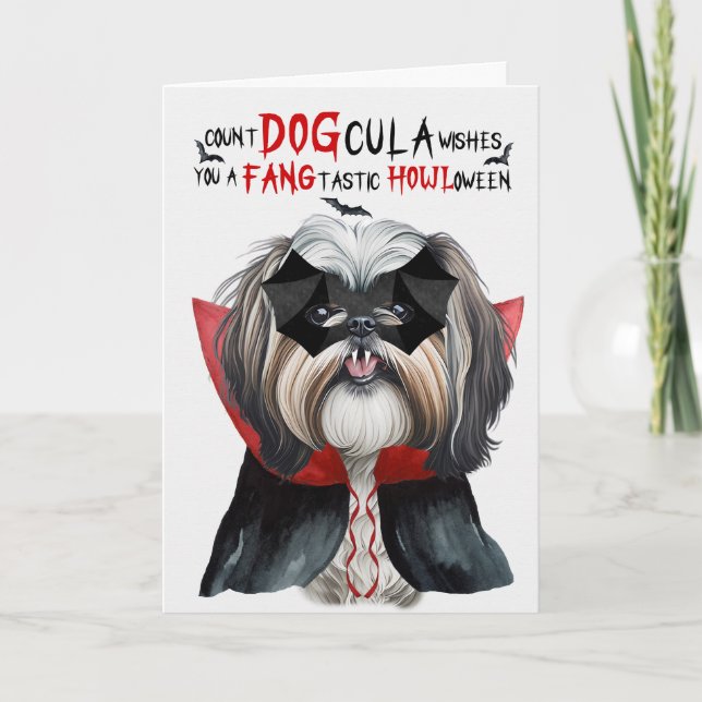Shih Tzu Dog Funny Count DOGcula Halloween Holiday Card (Front)
