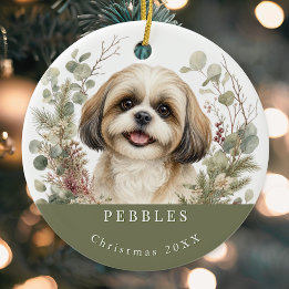 Shih Tzu Dog Gold White Watercolor Christmas Ceramic Ornament