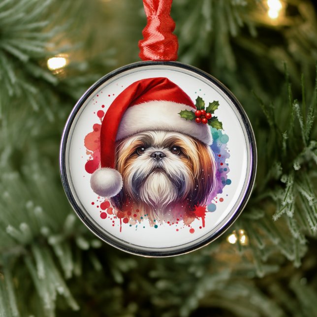Shih Tzu Dog in Santa Hat Christmas Metal Ornament (Tree)