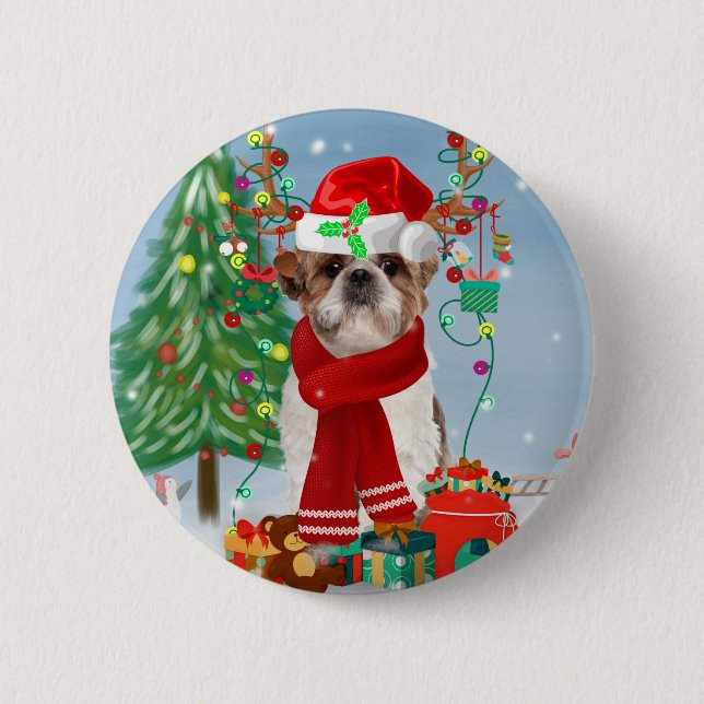 Shih Tzu Dog in Snow Christmas  6 Cm Round Badge (Front)
