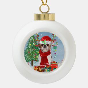 Shih Tzu Dog in Snow Christmas Ceramic Ball Christmas Ornament