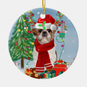 Shih Tzu Dog in Snow Christmas  Ceramic Ornament