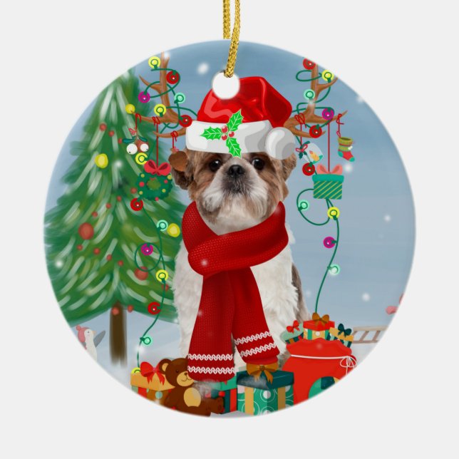 Shih Tzu Dog in Snow Christmas  Ceramic Ornament (Front)