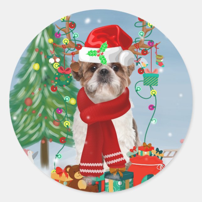 Shih Tzu Dog in Snow Christmas  Classic Round Sticker (Front)