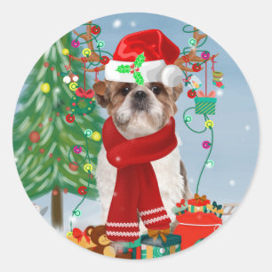Shih Tzu Dog in Snow Christmas Classic Round Sticker