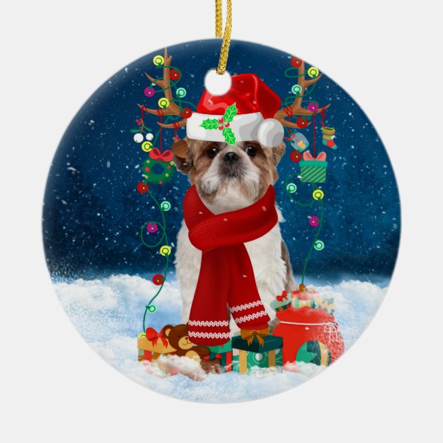 Shih Tzu Dog in Snow with Christmas Gifts  Ceramic Ornament (Front)