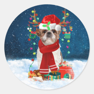 Shih Tzu Dog in Snow with Christmas Gifts Classic Round Sticker