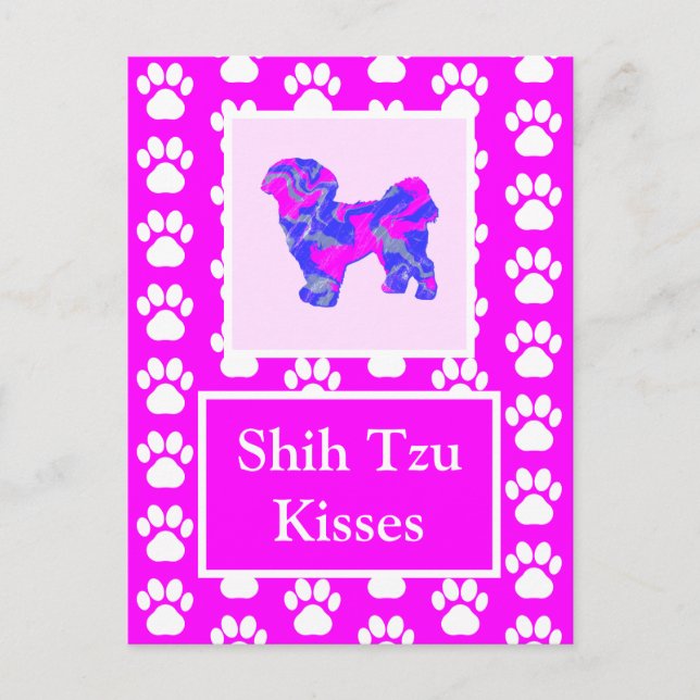Shih Tzu Dog Kisses Silhouette in Cute Pink & Blue Postcard (Front)