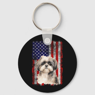 Shih Tzu Dog Lover US Flag 4th of July Patriotic Key Ring
