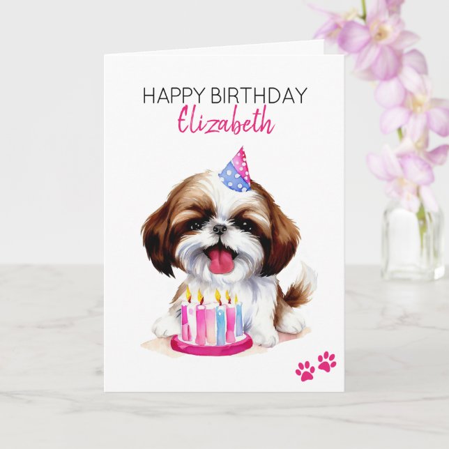 Shih Tzu Dog Personalised Happy Birthday  Card (Orchid)
