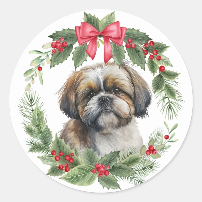 Shih Tzu Dog Red Bow Holly Wreath Classic Round Sticker (Front)