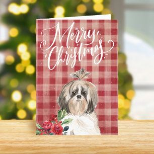 Shih Tzu Dog Red Plaid Christmas Holiday Card