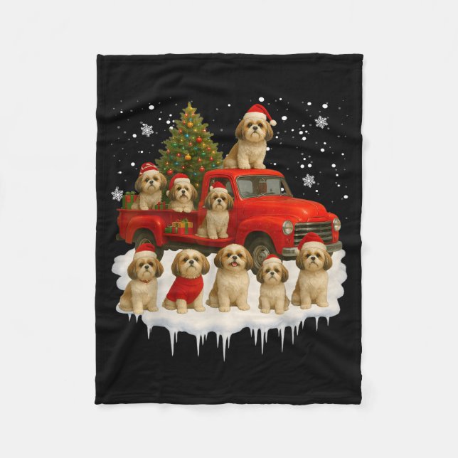 Shih Tzu Dog Red Truck Christmas Tree Santa Ugly X Fleece Blanket (Front)