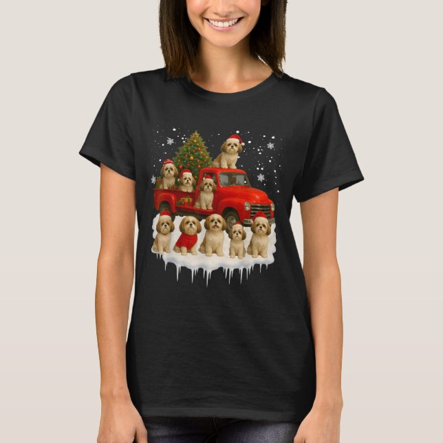 Shih Tzu Dog Red Truck Christmas Tree Santa Ugly X T-Shirt (Front)