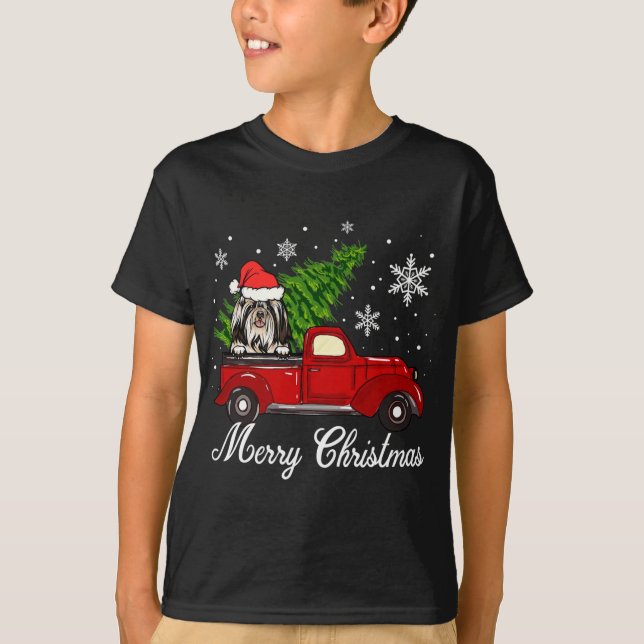 Shih Tzu Dog Riding Red Truck Christmas Decoration T-Shirt (Front)
