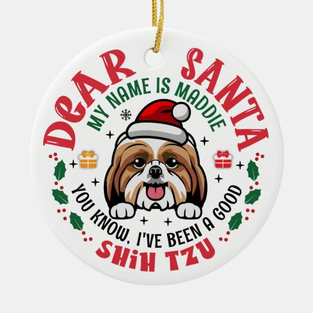 Shih Tzu Dog Santa Personalised Christmas Tree Ceramic Ornament (Front)
