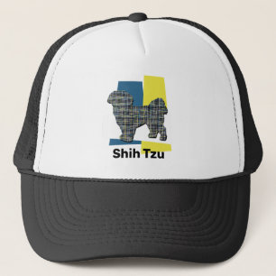 Shih Tzu Dog Silhouette Cute Tricolour Grid Trucker Hat