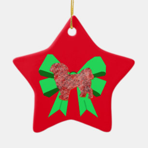 Shih Tzu Dog Silhouette Green Bow Ceramic Ornament