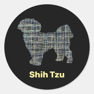 Shih Tzu Dog Silhouette Yellow & Black Grid Lines Classic Round Sticker