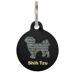 Shih Tzu Dog Silhouette Yellow & Black Grid Lines Pet Tag