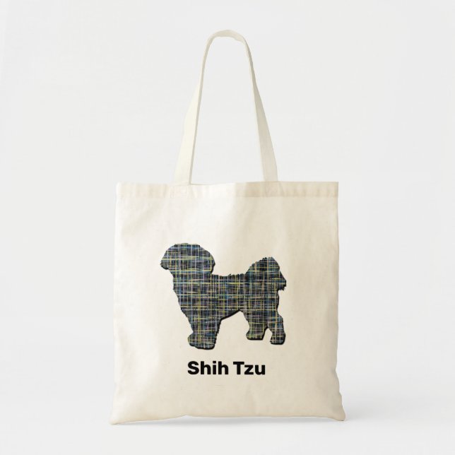 Shih Tzu Dog Silhouette Yellow & Black Grid Lines Tote Bag (Front)