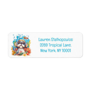 Shih Tzu Dog Snorkelling Coral Reef Return Address Label