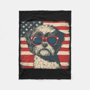 Shih Tzu Dog Usa Flag Patriotic Fourth Of July Men Fleece Blanket