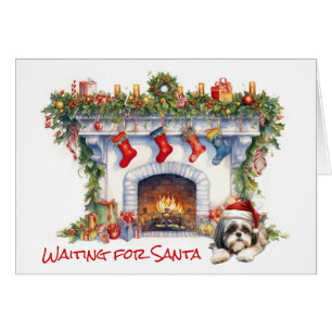Shih Tzu Dog Wait for Santa Christmas Fireplace