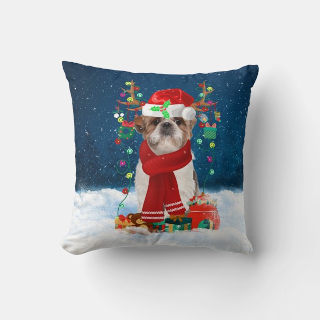 Shih Tzu dog with Christmas gifts Cushion (Front)