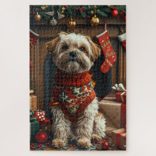 Shih Tzu Dog With Christmas Gifts Fireplace Jigsaw Puzzle