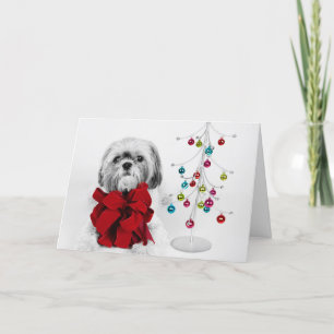 Shih Tzu dog with red bow by toy Christmas tree Holiday Card