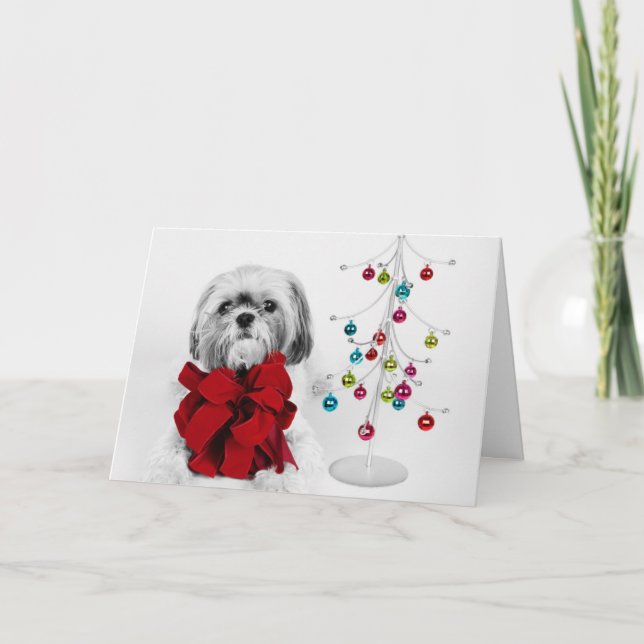 Shih Tzu dog with red bow by toy Christmas tree Holiday Card (Front)