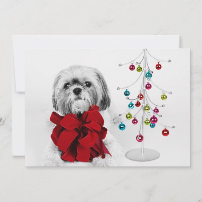Shih Tzu dog with red bow by toy Christmas tree Holiday Card (Front)