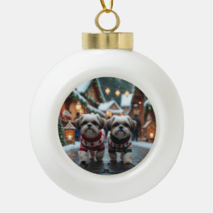 Shih Tzu Dogs Christmas Snow Holiday Ceramic Ball Christmas Ornament