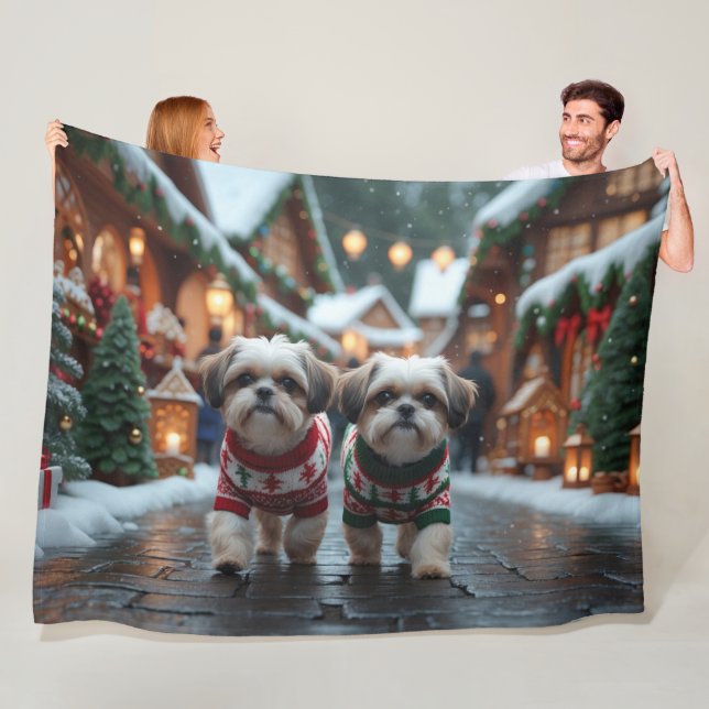 Shih Tzu Dogs Christmas Snow Holiday Fleece Blanket (In Situ)