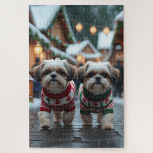 Shih Tzu Dogs Christmas Snow Holiday Jigsaw Puzzle
