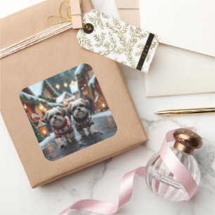 Shih Tzu Dogs Christmas Snow Holiday Square Sticker