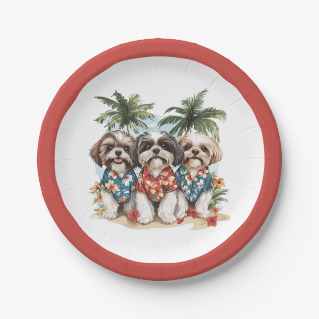 Shih Tzu Dogs Wearing Hawaiian Shirts Paper Plate (Front)