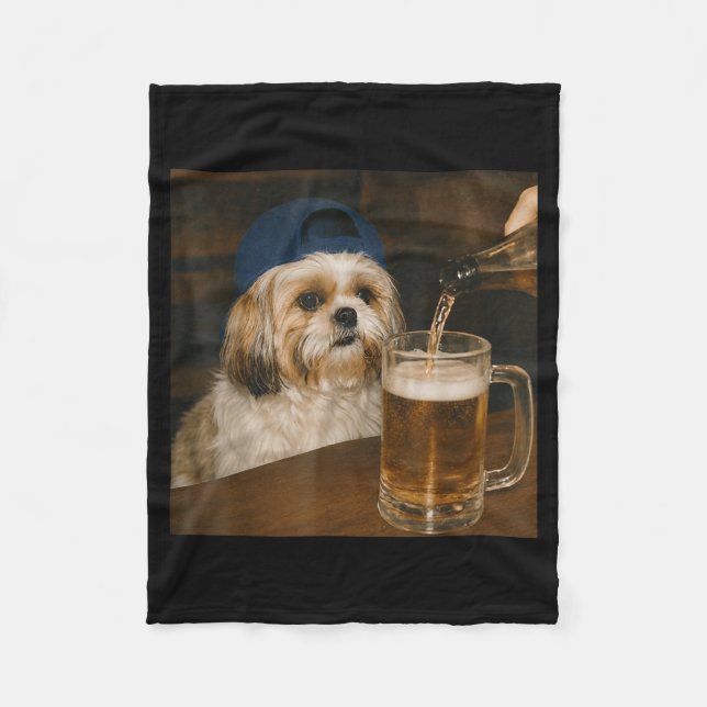 Shih Tzu Drinking Beer Funny Dog Meme Fleece Blanket (Front)