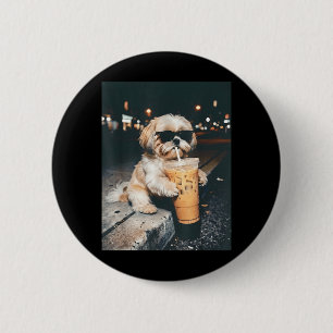 Shih Tzu Drinking Iced Coffee Funny Pet Lifestyle 6 Cm Round Badge