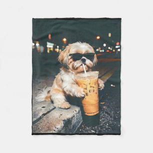 Shih tzu drinking iced coffee funny pet lifestyle fleece blanket
