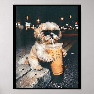 Shih Tzu Drinking Iced Coffee Funny Pet Lifestyle Poster