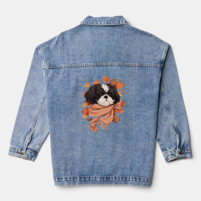 Shih Tzu Fall Dog Autumn Leaves Thanksgiving Copy  Denim Jacket (Back)