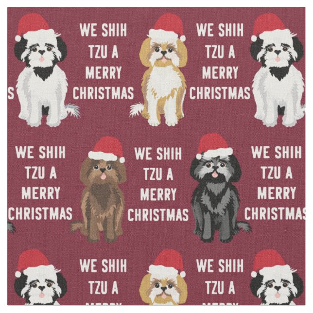 shih tzu funny cute christmas fabric (Close Up)
