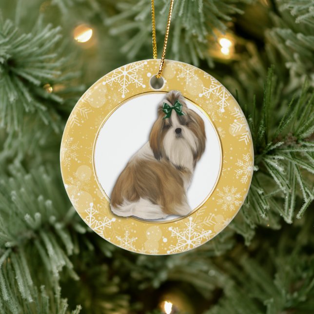 Shih Tzu Gold Snowflake Border Ceramic Ornament (Tree)