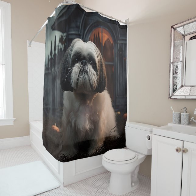 Shih Tzu Halloween Scary Shower Curtain (In Situ)