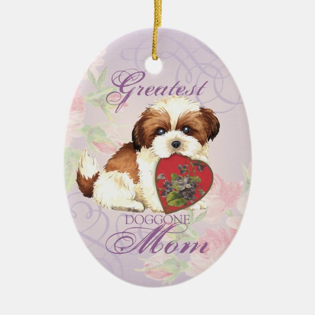 Shih Tzu Heart Mum Ceramic Ornament (Front)