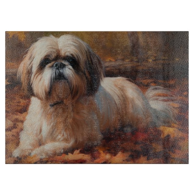 Shih Tzu in Autumn Leaves Fall Inspire Cutting Board (Front)